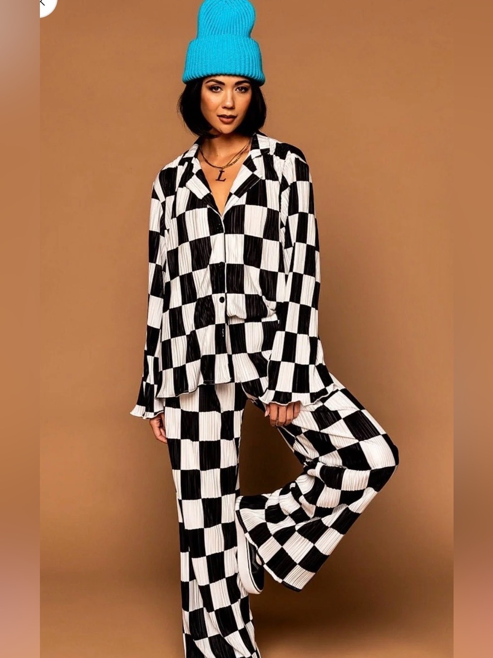 Dressed in LALA Black & White Checker Wide-Leg Pants